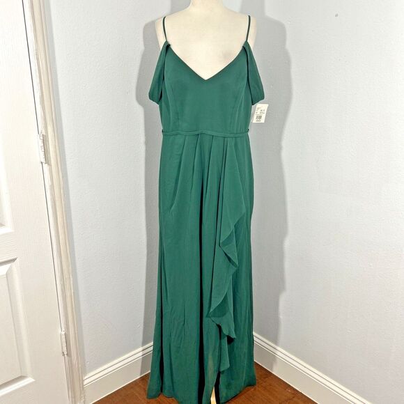 DB Studio Dress Women 14‎ Green Chiffon Cascading Off The Shoulder Formal - Picture 1 of 15